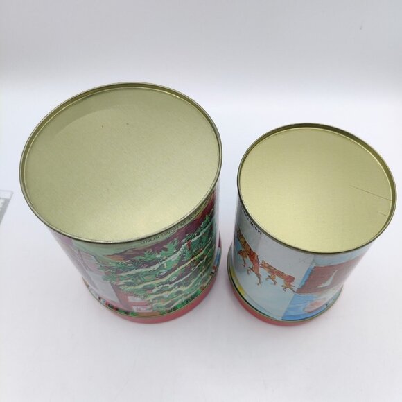 Vintage Nesting Christmas Canister Set of 2 Santa Tree Tins Metal Hong Kong - Picture 4 of 12